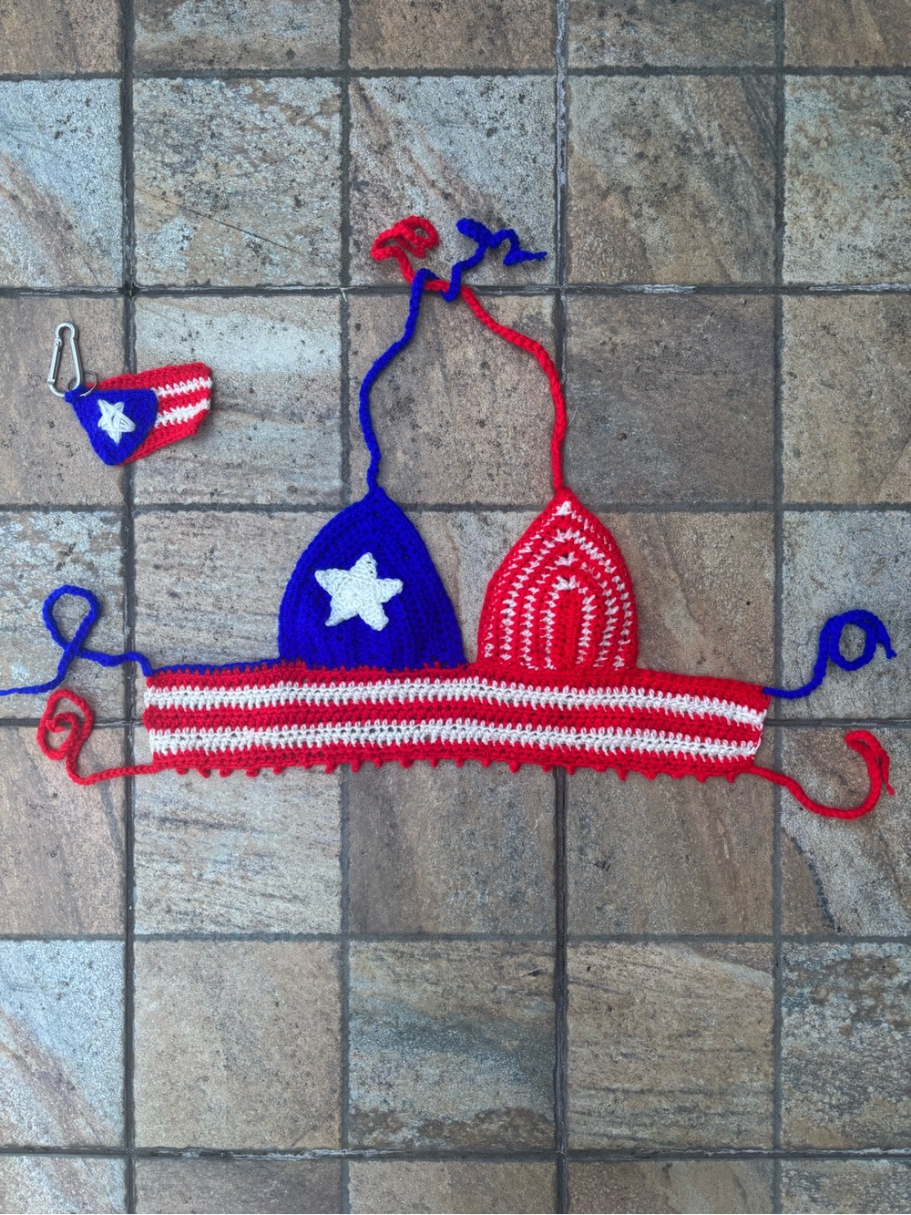 🇵🇷 Handmade Puerto Rico Flag Crochet Bralette | Mini Flag Keychain | Star Detail